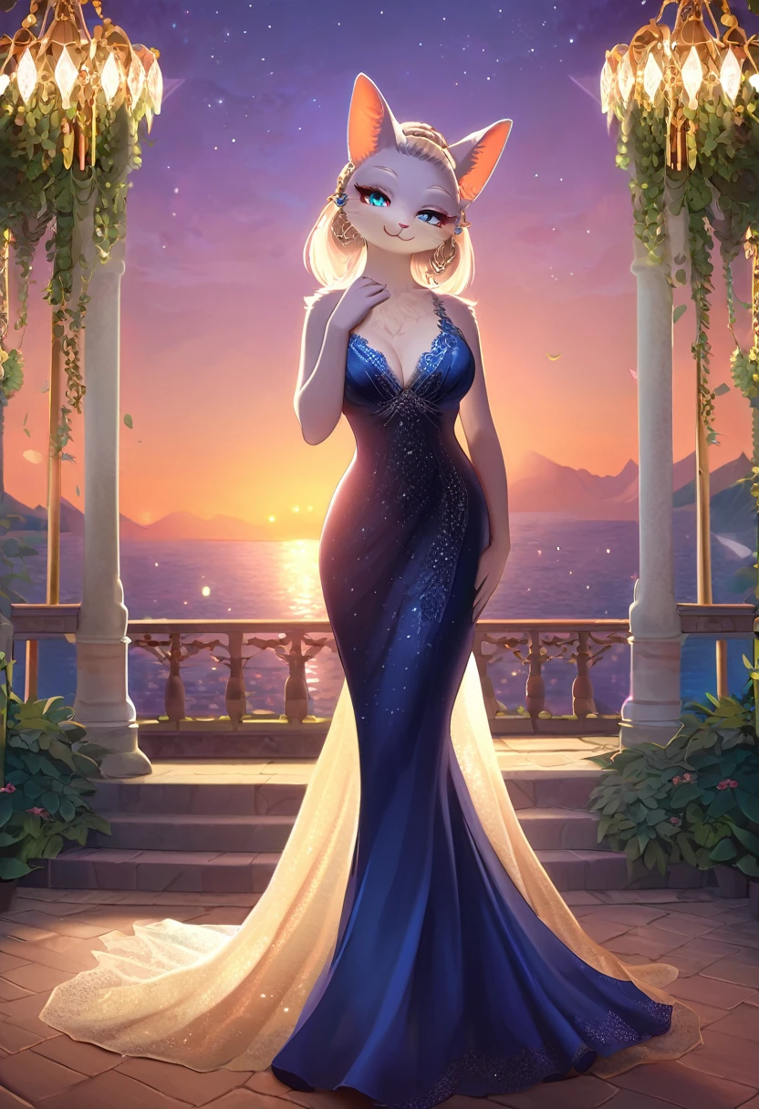 ((Masterpiece)), ((Best Quality)), (Very Detailed), ((Very Detailed)), 4K, (8K), very aesthetic, absurdres highres, 1 female, anthropomorphic cat, furry, kemono, solo, A woman in a deep navy blue silk evening dress stands gracefully and smiles at an outdoor party at sunset. Soft moonlight and sparkling chandelier light illuminated the dress's delicate lace trim and Swarovski crystal embellishments. The woman's hair is tied up in an updo, and diamond earrings sparkle in her ears.