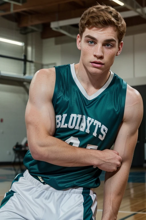 A very attractive boy, a basketball player., quite strong and defined body, curly redhead, blue eyes with greenish tones, pale skin, with freckles all over his face, thick eyebrows, marked jaw, slanted eyes with eyes