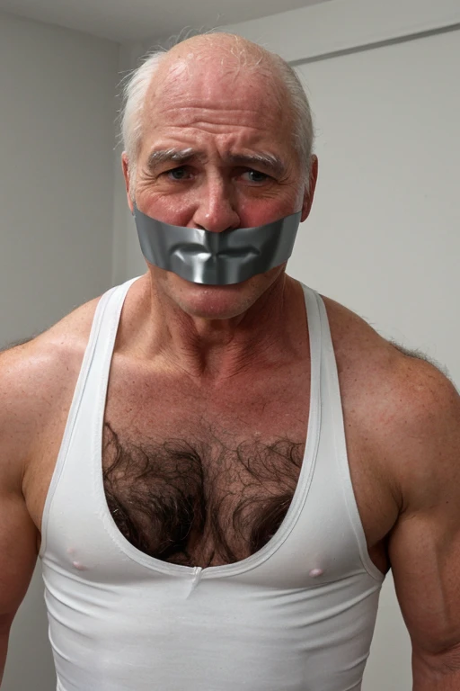 Old men, white singlet, tape gag, tightly bound, hairy chest
