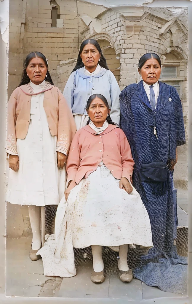 There is a group of people standing and sitting in front of a building, bolivian cholitas, restored photo, a colored photo, colored photo, photo taken in 2 0 2 0, old color photograph, colored photograph, color image, old color photo, taken in the early 2020s, restored color, very famous photo, colored 1 9 0 4 photo