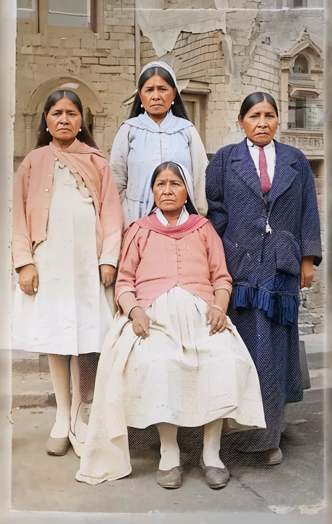 There is a group of people standing and sitting in front of a building, bolivian cholitas, restored photo, a colored photo, colored photo, photo taken in 2 0 2 0, old color photograph, colored photograph, color image, old color photo, taken in the early 2020s, restored color, very famous photo, colored 1 9 0 4 photo