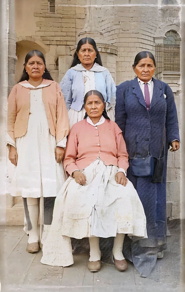 There is a group of people standing and sitting in front of a building, bolivian cholitas, restored photo, a colored photo, colored photo, photo taken in 2 0 2 0, old color photograph, colored photograph, color image, old color photo, taken in the early 2020s, restored color, very famous photo, colored 1 9 0 4 photo