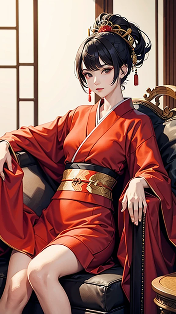 Asian courtesan in red kimono and extravagant hairstyle sitting on beige leather furniture posing like a model