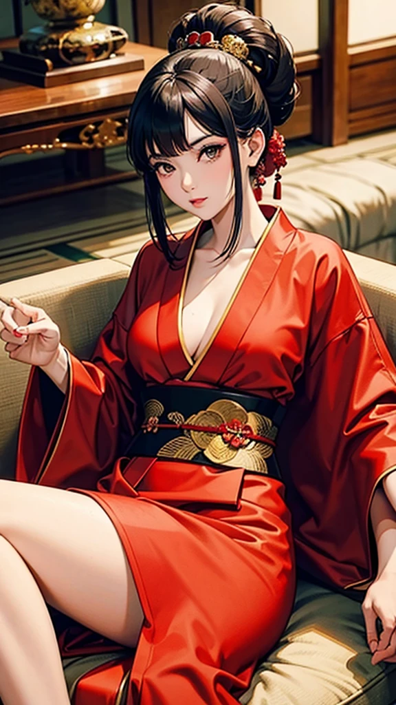 Asian courtesan in red kimono and extravagant hairstyle sitting on beige leather furniture posing like a model