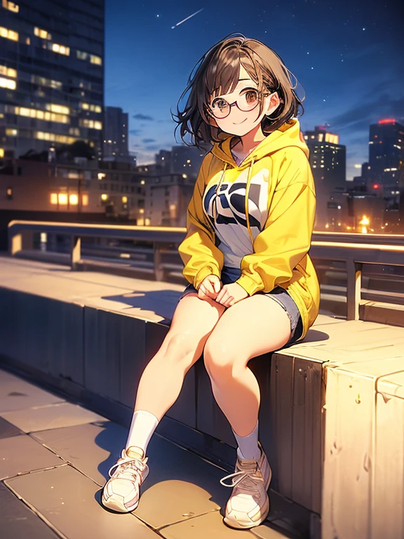 1 Teenage girl, White skin, solo (black hair, brown hair, wavy hair, Short Bob Hair,) (sitting side view, looking at you pov) chubby cheeks round eyeglasses, (gentle smile, kind smile, radiates warmth, kindness), radiates warmth and kindness, (Beautiful brown eyes with flecks of gold), Small breasts. (pastel yellow hoodie, jean shorts, sneakers, white socks), (Rooftop, night, NYC), (two legs, chubby legs, thick thighs) cute