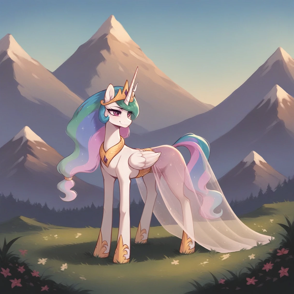 score_9, score_8_up, score_7_up, score_6_up, score_5_up, score_4_up, outdoors, purple (see through dress), solo, feral pony, (princess celestia:0.8), black crown, evil smile, closed mouth,BREAK mountain, day, sky, flower, mountainous horizon, blue sky, grass