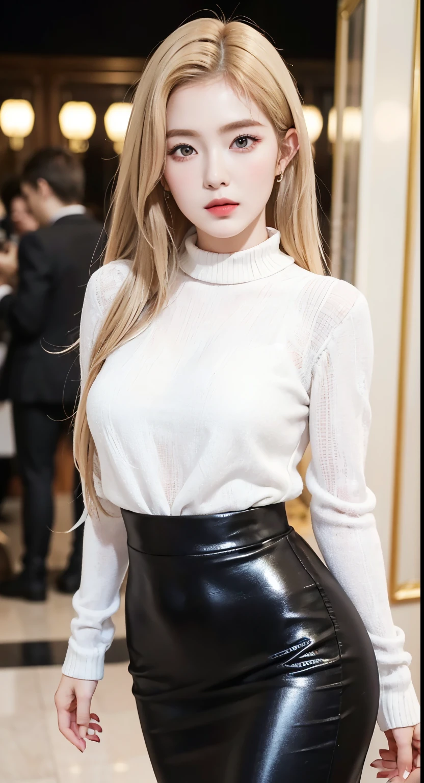 European and American women, A fashion model, Wear a pencil skirt, Glamour, paparazzi taking pictures of her, Blonde hair, Brown eyes, 8K, High quality, Masterpiece, Best quality, HD, Extremely detailed, voluminetric lighting, Photorealistic