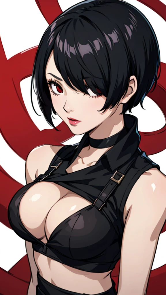 1 girl, milf, Red eyes, very Short hair, hair over one eye, black choker, lipstick, sad, black hair, tomboy Pixie haircut, tomboy Pixie haircut, white bandeau, huge breast, portrait