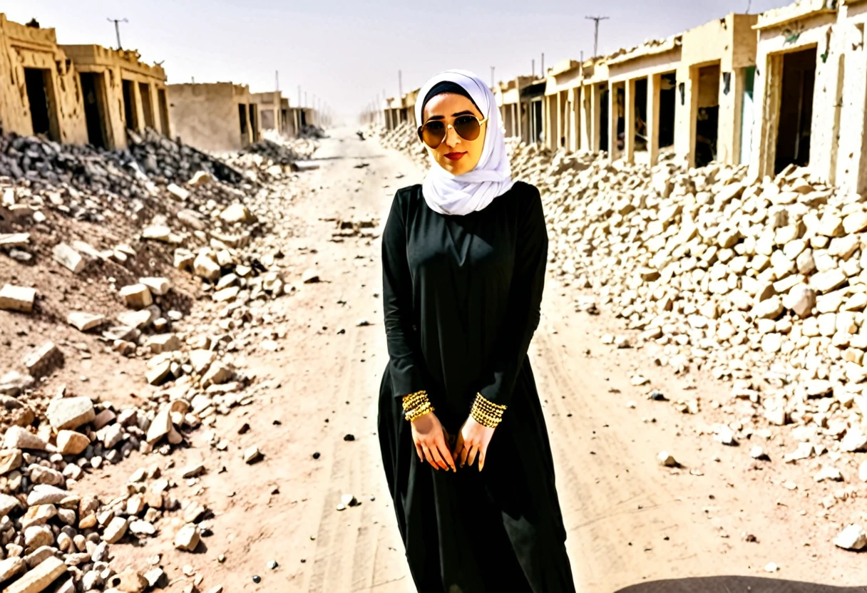 Pale skin Kurdish sunglasses woman in hijab standing in demolished street desert Golden bracelet 