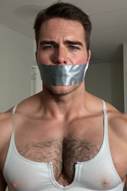 men, white singlet, tape gag, tightly bound, hairy chest