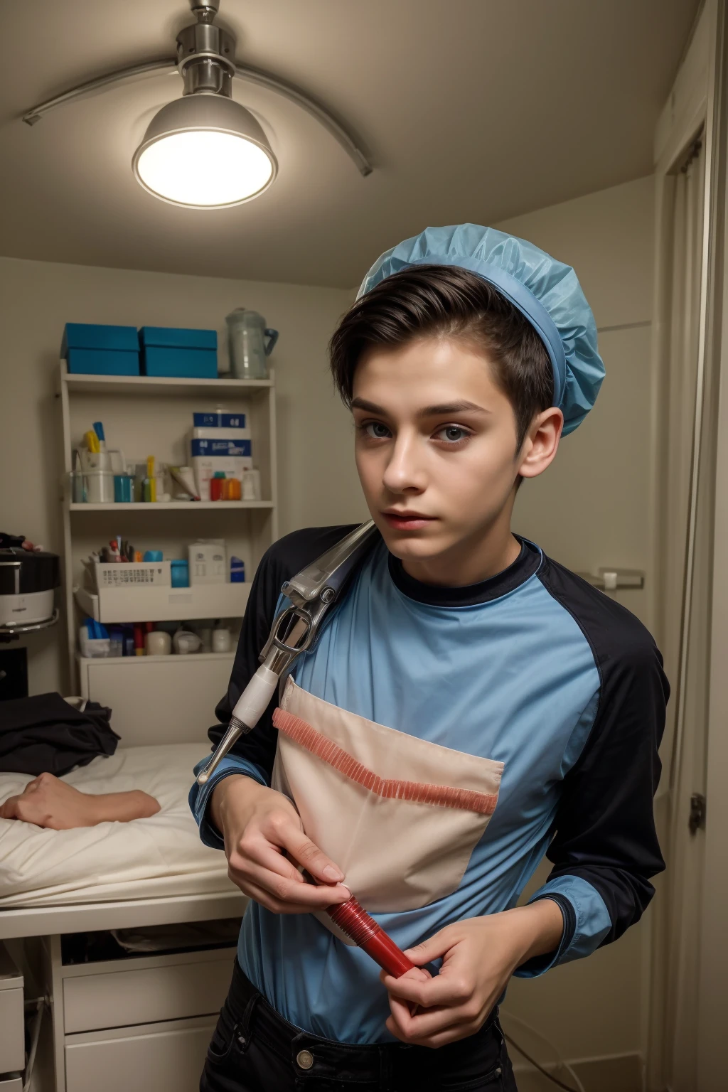 A beautiful young man, a cute twink, a male with a make-up face, wearing a long-sleeved aquamarine shirt and black jeans, and he is in the operating room. He is standing, performing brain surgery, and he looks proudly. He has black hair and has medical tools for surgery in his hands.