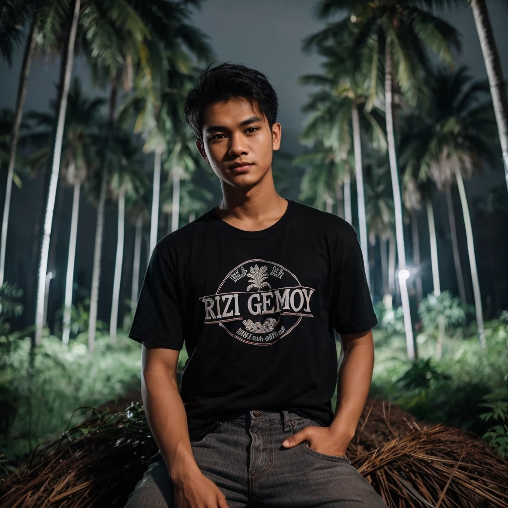 A young Indonesian man with a handsome and cute face wearing a darkgrey t-shirt that says "Asep jowo" wearing jeans, in palm forest in the night
