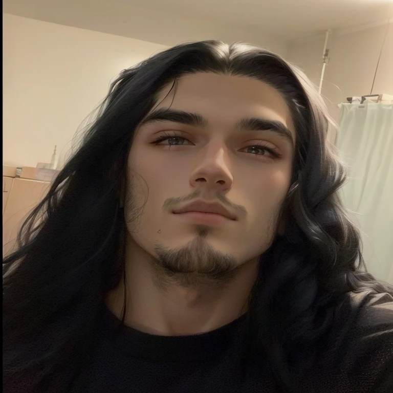Man with long hair and black shirt is taking a selfie, 18 years old, with her long black hair, 1 6 years old, taken at the beginning of 2020, with long hair and piercing eyes, 22 years old, young man with long hair, with long dark hair, 23 year old, 21 years old