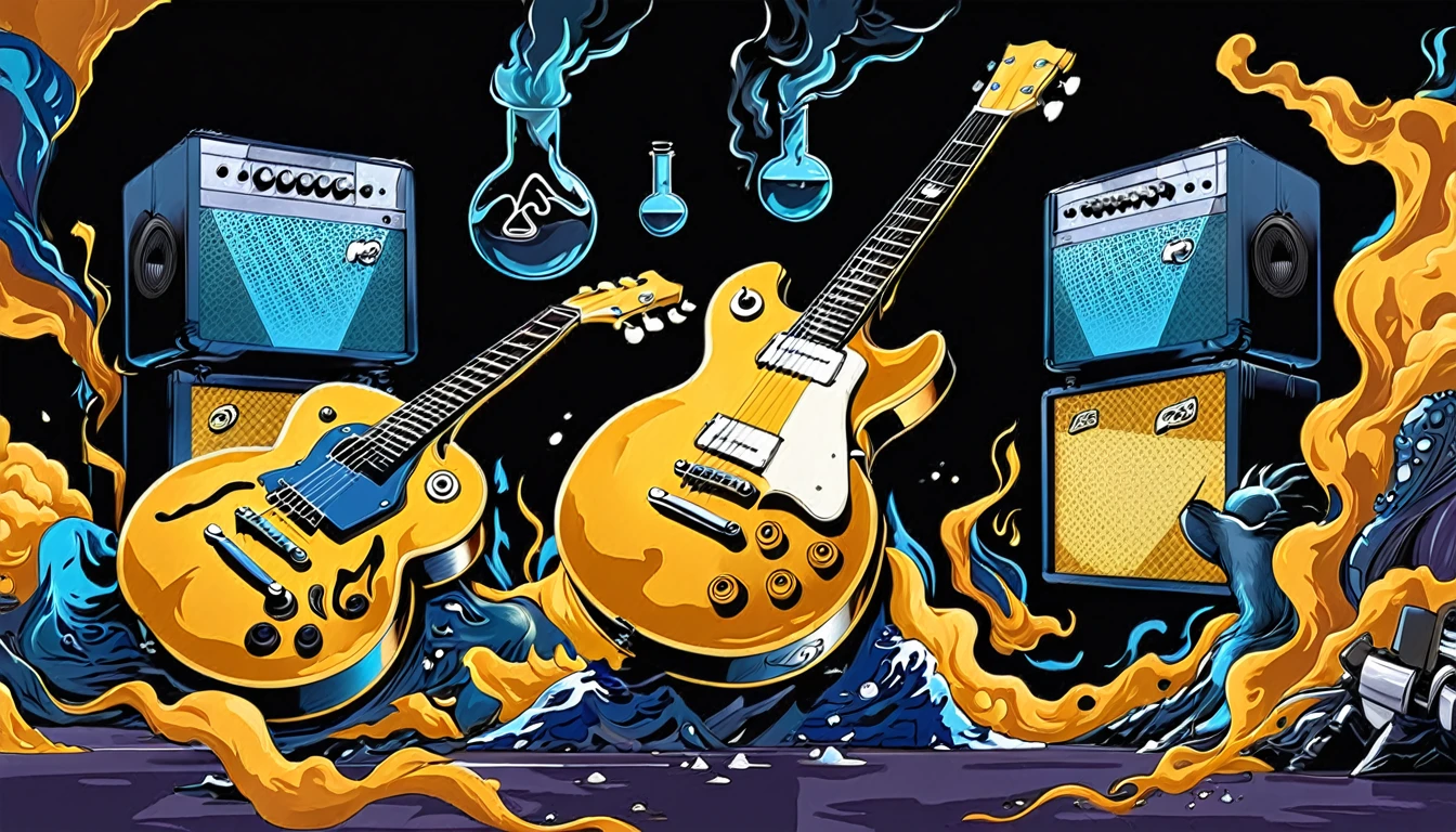 Masterpiece; Guitars (golden Les Paul) and drums in a small science lab, complete with speakers and glass flasks of chemistry, embody the resilience and tenacity of the scientific community, infused with a bold graphic allure that enlivens the spirit of science. The design penetrates layers of depth, integrating the raw essence and vibrant cores of Rio de Janeiro culture. Brushstrokes that incorporate the fluid energy of graffiti on guitars and acoustic guitars weave around dynamic geometric shapes, adorning the laboratories with an evocative masterpiece that speaks to the heart of the intersection between two diverse worlds. Majestically rendered in high definition and vibrant color, every detail bursts with life, inviting viewers to marvel at the beauty that; by Monet
