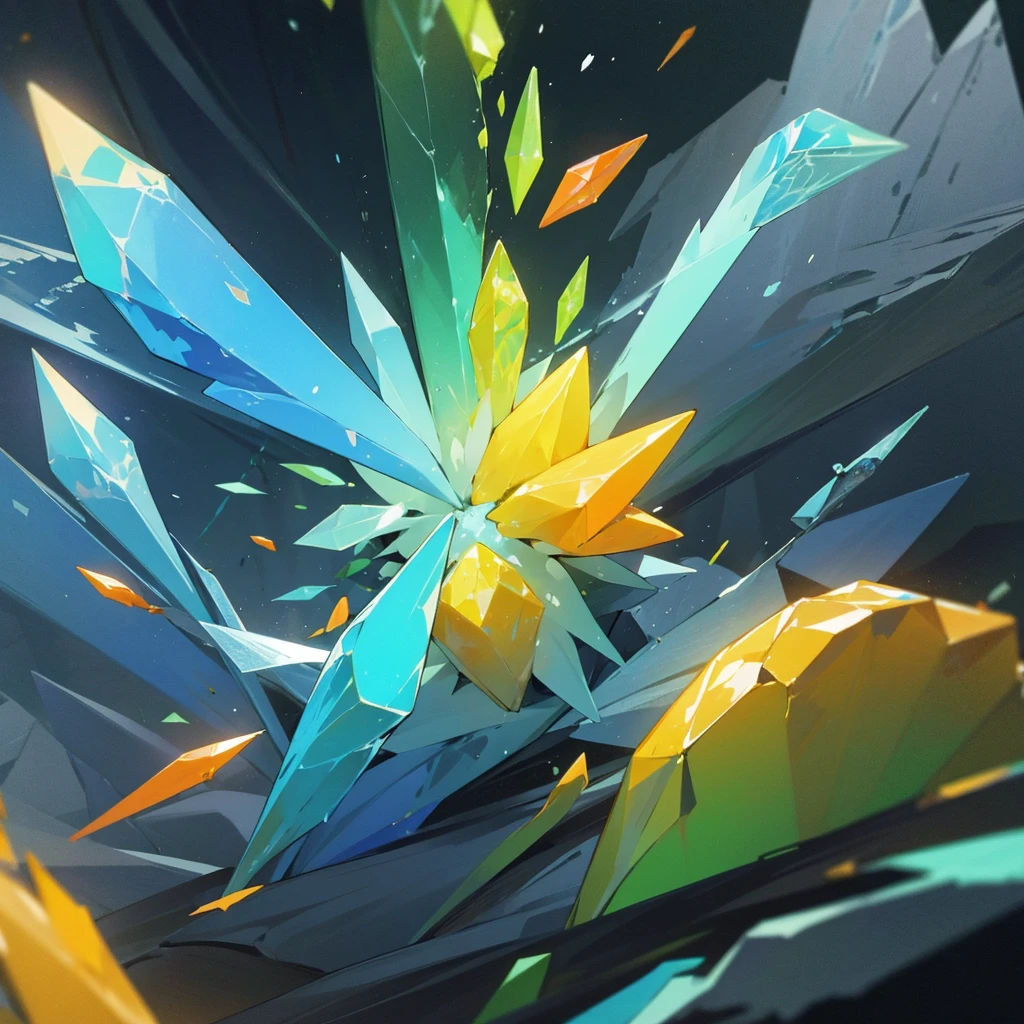Colorfull blue, white, orange, black, cyan, yellow, gray, green crystals, cave, Multiple Crystals, colorful Shards floating, Magic Enviroment, Glowing