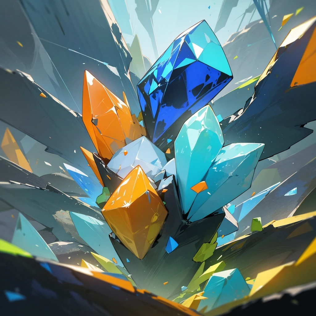 Colorfull blue, white, orange, black, cyan, yellow, gray, green crystals, cave, Multiple Crystals, colorful Shards floating, Magic Enviroment, Glowing