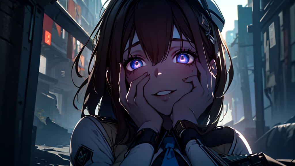 ((Best quality)), ((masterpiece)), (detailed:1.4), 3D, an image of a beautiful cyberpunk female, Yandere , Yandere Face , Trance , Trance Eyes , yameroyandere , constricted pupils , yandere , empty eyes . shaded face , crazy eyes , glowing brown eyes , crazy smile , Marian , tied hair, long brown hair , White Military Uniform , Brown Eyes, Blue Barret, Blue Necktie ,Blue Ribbon , White undercloth, large breasts, HDR (High Dynamic Range),Ray Tracing,NVIDIA RTX,Super-Resolution,Unreal 5,Subsurface scattering,PBR Texturing,Post-processing,Anisotropic Filtering,Depth-of-field,Maximum clarity and sharpness,Multi-layered textures,Albedo and Specular maps,Surface shading,Accurate simulation of light-material interaction,Perfect proportions,Octane Render,Two-tone lighting,Wide aperture,Low ISO,White balance,Rule of thirds,8K RAW,