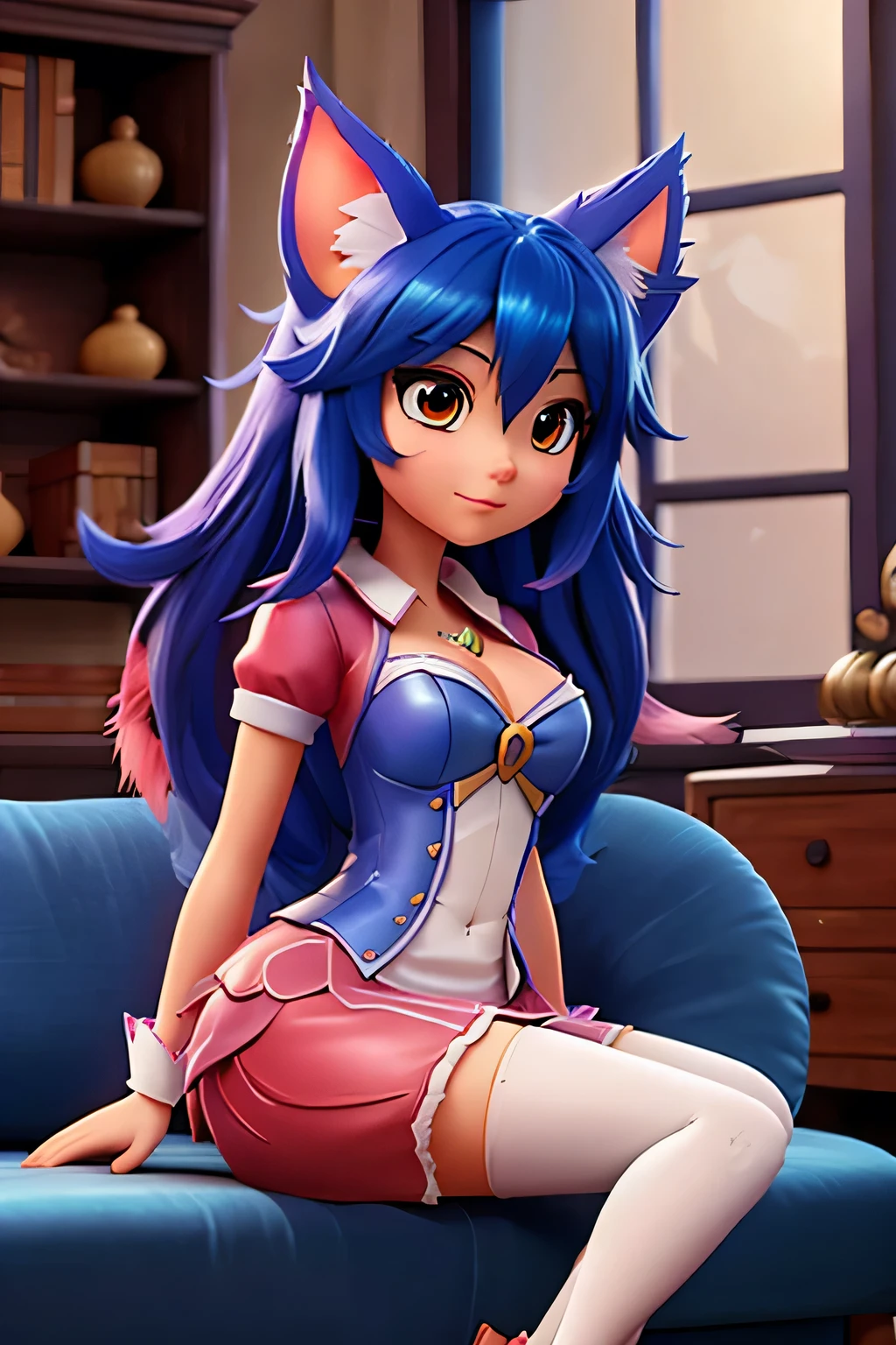 Ahri from League of Legends sitting on a sofa.
