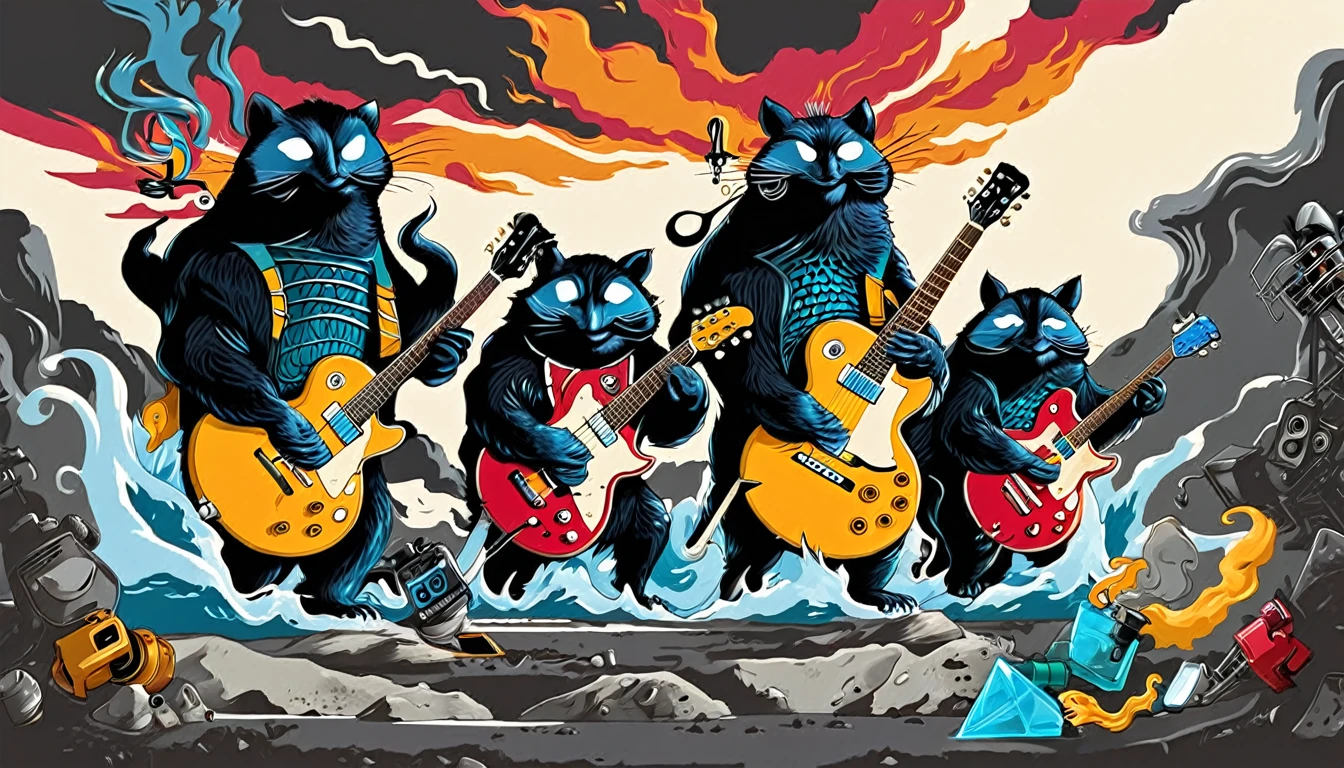 Masterpiece three happy creatures; Guitars (golden Les Paul) and drums in a small science lab, complete with speakers and glass flasks of chemistry, embody the resilience and tenacity of the scientific community, infused with a bold graphic allure that enlivens the spirit of science. The design penetrates layers of depth, integrating the raw essence and vibrant cores of Rio de Janeiro culture. Brushstrokes that incorporate the fluid energy of graffiti on guitars and acoustic guitars weave around dynamic geometric shapes, adorning the laboratories with an evocative masterpiece that speaks to the heart of the intersection between two diverse worlds. Majestically rendered in high definition and vibrant color, every detail bursts with life, inviting viewers to marvel at the beauty that; by Monet