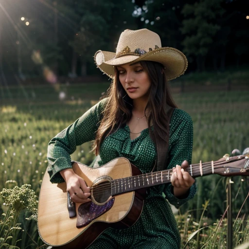 Kale, beautiful girl, cowboy hat, funny fingers, Make-up natural, in a body-hugging outfit, colors, plays guitar, field with lights, hyper detail, mystical light full body light.