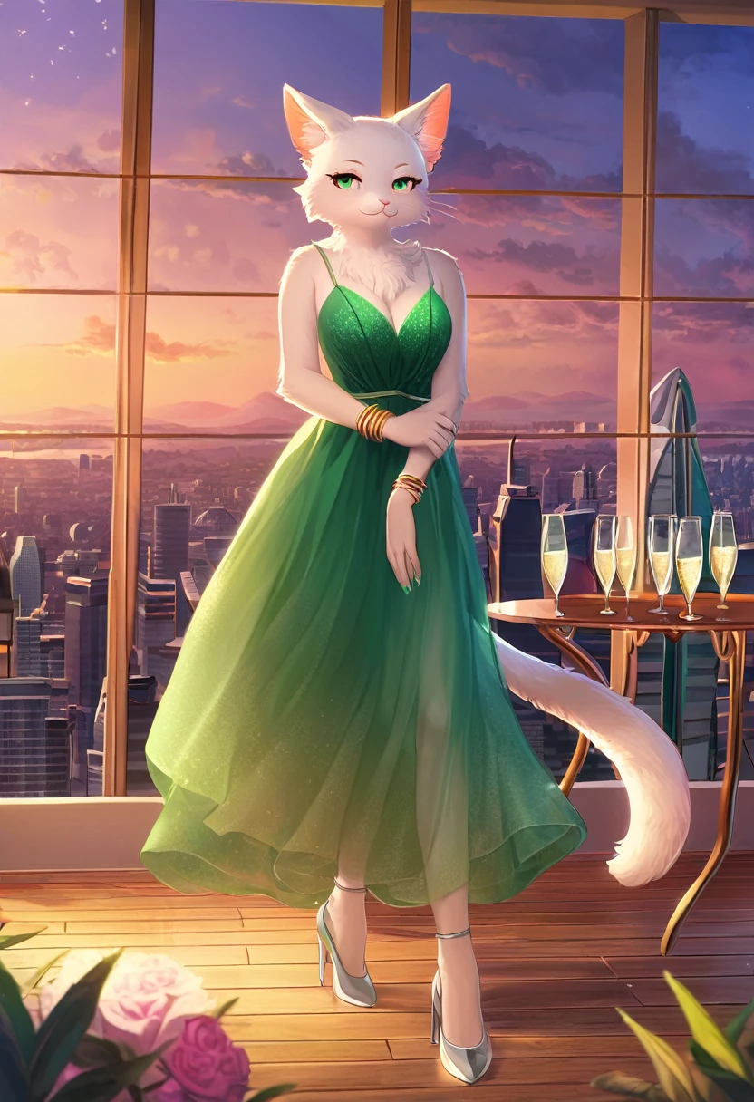 ((Masterpiece)), ((Best Quality)), (Very Detailed), ((Very Detailed)), 4K, (8K), very aesthetic, absurdres highres, 1 woman, anthropomorphic cat, furry, kemono, solo, On the rooftop of a skyscraper overlooking the urban skyline, a woman in an emerald green evening dress holds a glass of champagne during a lively party. The chiffon fabric of the dress reflects in the light. The woman's face is full of happiness, with a gold bracelet on her wrist and silver high heels on her feet.