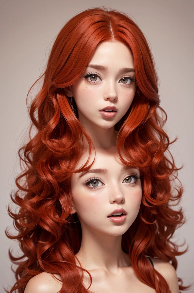  big curly half red hair, eyes browns, big mouth, bochechas grandes, anime styling
