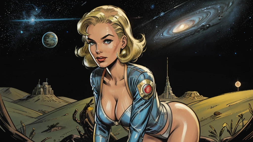 1950s retro comic, slender hot blonde space girl (realistic proportions) with a close-fitting astronaut suit, cleavage, she looks at the camera, background: planets, nebula, stars, spaceships, rayguns, lasers, aliens, monsters, alien cities, alien vegetation