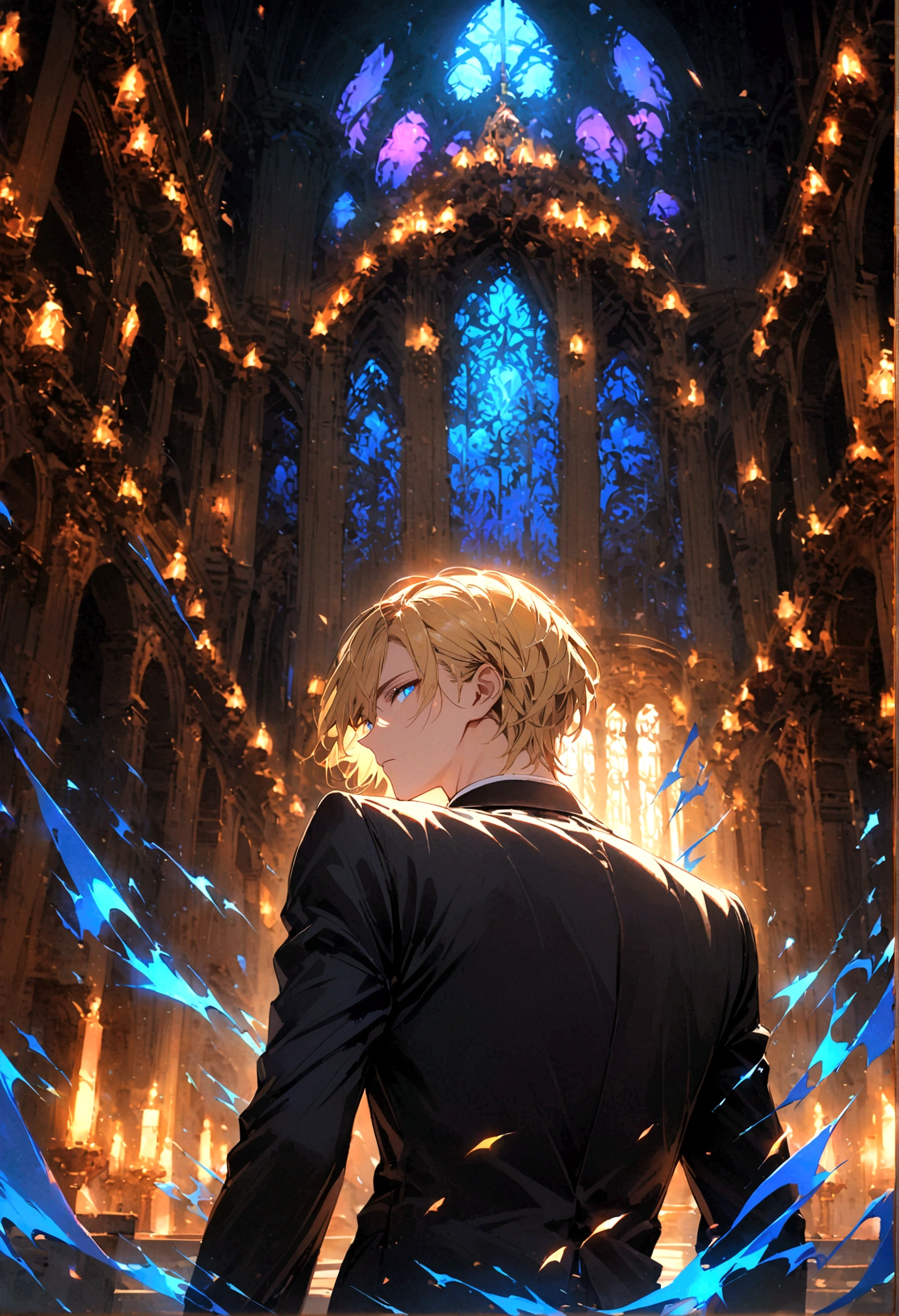 A young man with blond hair and blue eyes in a black suit turned his back and half his face in the middle of the palace at night.