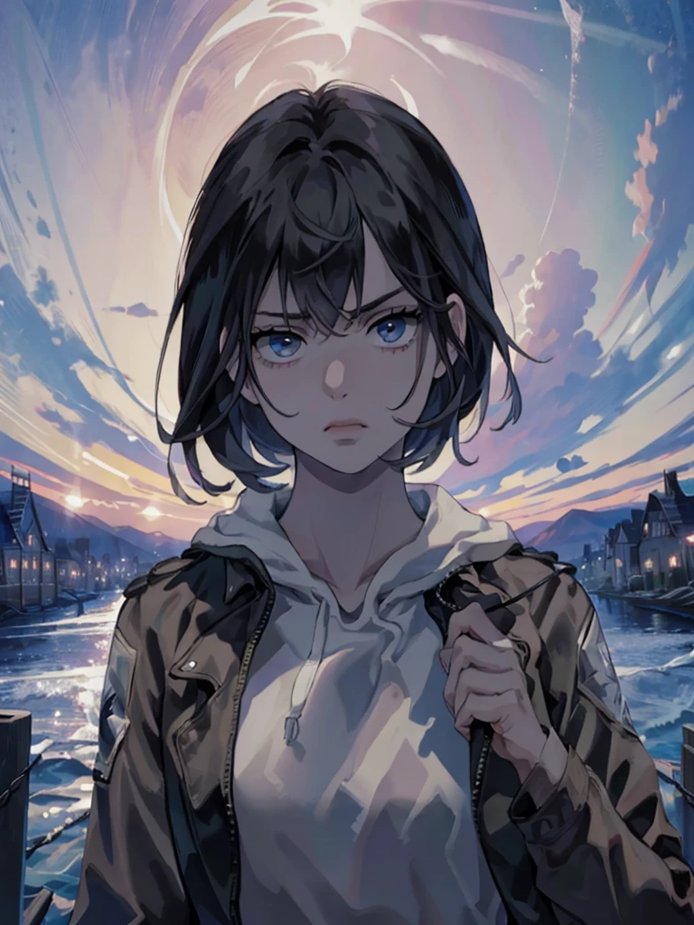 1girl, ************, mature face, short beautiful black hair, bangs, majestic jet black eyes, (best quality,8k,highres,masterpiece), flat chest, cool, observe, nonchalant, thoughtful, lazy, solo girl, Best Quality, High resolution, Extremely detailed, Detailed background, Perfect Lighting, style=attack on titan