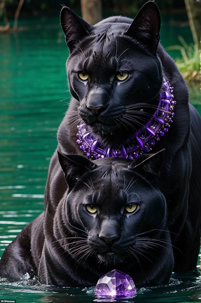 beautiful being alien urmah breed female black panther in lake with amethyst crystals