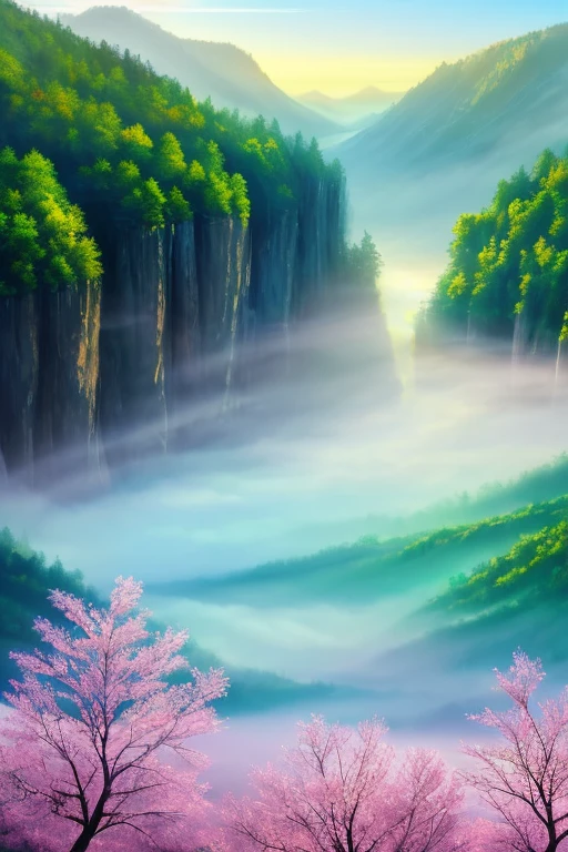 A serene landscape teems with shimmering patterns and vivid colors. Shadows dance in the fog, forming a mesmerizing display. Bright, dazzling, splashes of light dance around the scene. Glittering, sweet, and enchanting, delicate, edge light. In the center of the horizon, a dreamy landscape shimmers with ethereal power. In the distance, a dreamy sky turns into an ethereal, dreamy landscape. A woman with emerald green eyes and a flowing face gazes intently at a painting, her soul searching for life.