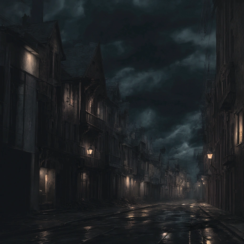 a dark street with swirling wind, blowing leaves, detailed architectural buildings, dramatic lighting, cinematic atmosphere, moody colors, gritty grunge, gloomy, urban landscape, stormy night, dynamic motion blur, painterly, chiaroscuro, unreal engine, cinematic lighting