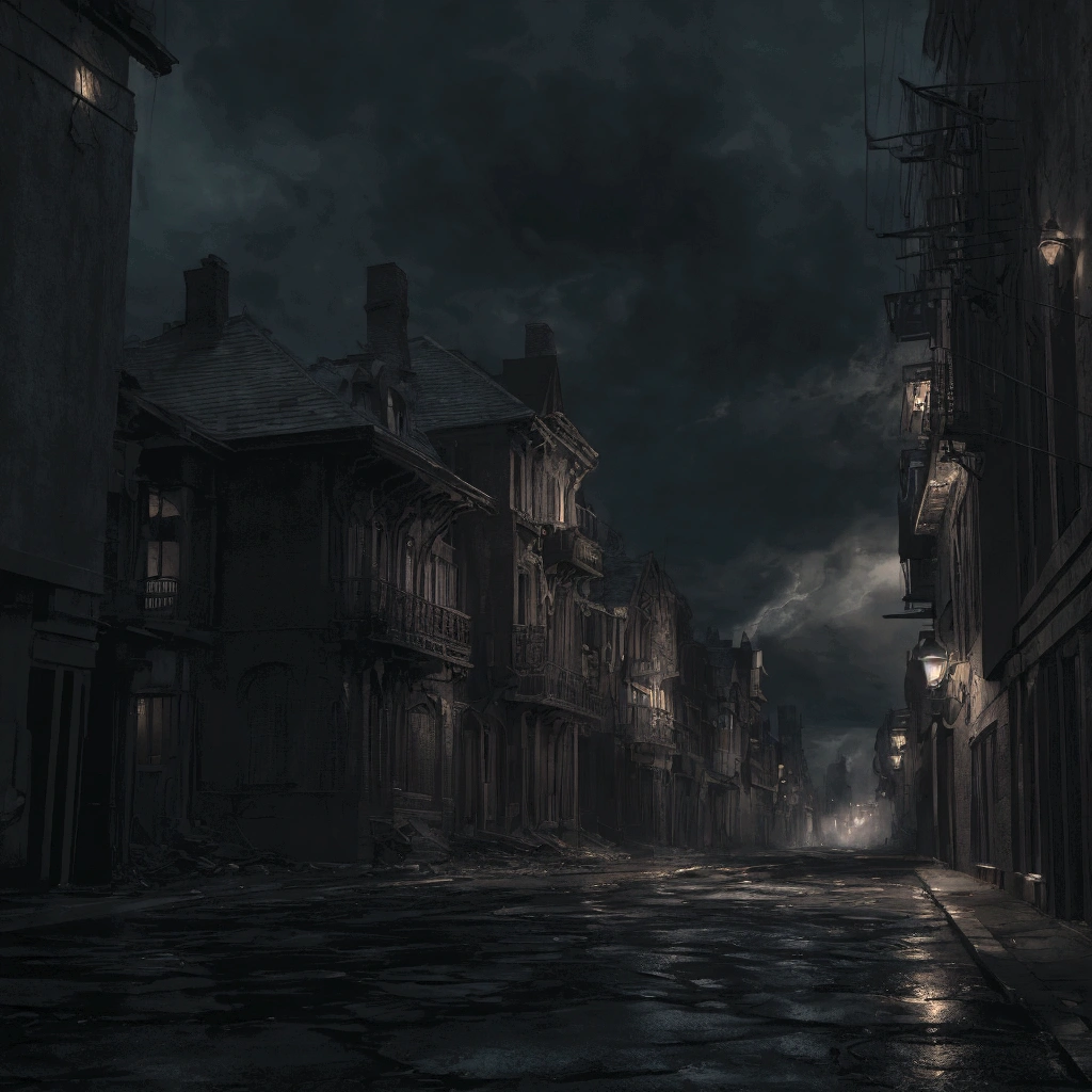 a dark street with swirling wind, blowing leaves, detailed architectural buildings, dramatic lighting, cinematic atmosphere, moody colors, gritty grunge, gloomy, urban landscape, stormy night, dynamic motion blur, painterly, chiaroscuro, unreal engine, cinematic lighting