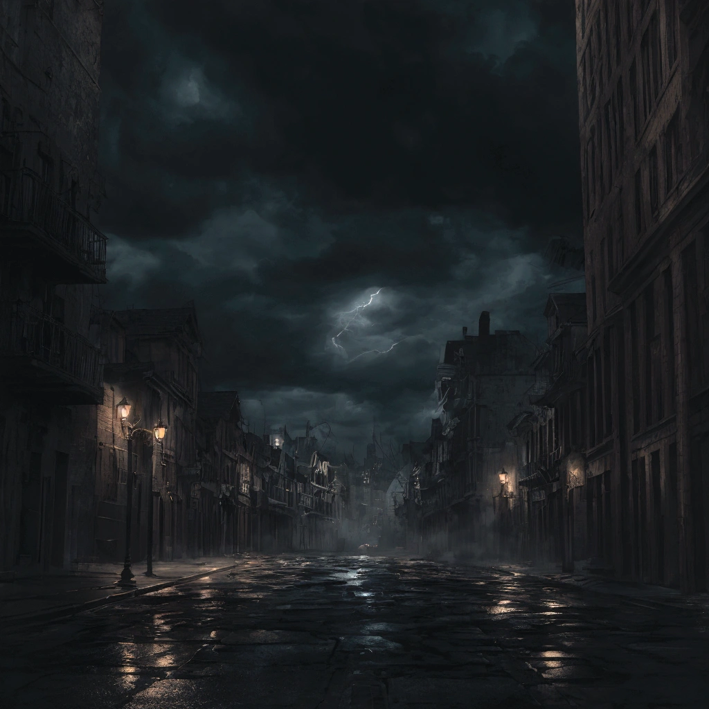 a dark street with swirling wind, blowing leaves, detailed architectural buildings, dramatic lighting, cinematic atmosphere, moody colors, gritty grunge, gloomy, urban landscape, stormy night, dynamic motion blur, painterly, chiaroscuro, unreal engine, cinematic lighting