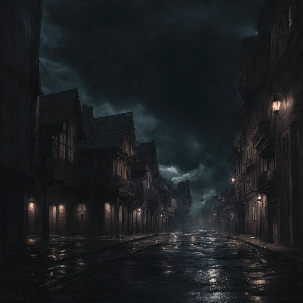 a dark street with swirling wind, blowing leaves, detailed architectural buildings, dramatic lighting, cinematic atmosphere, moody colors, gritty grunge, gloomy, urban landscape, stormy night, dynamic motion blur, painterly, chiaroscuro, unreal engine, cinematic lighting