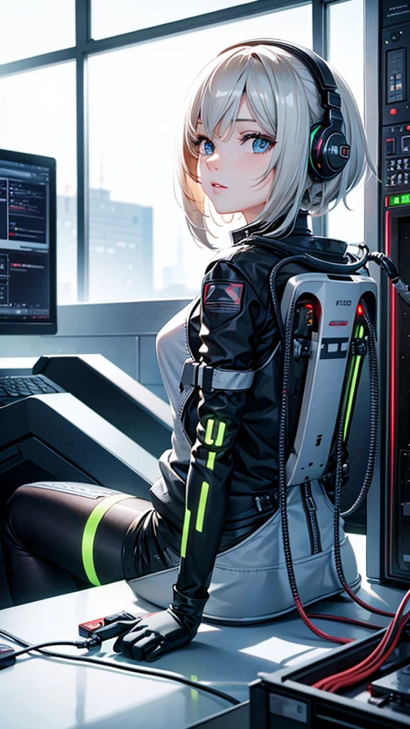 Female android connected to cables sitting on quantum computer