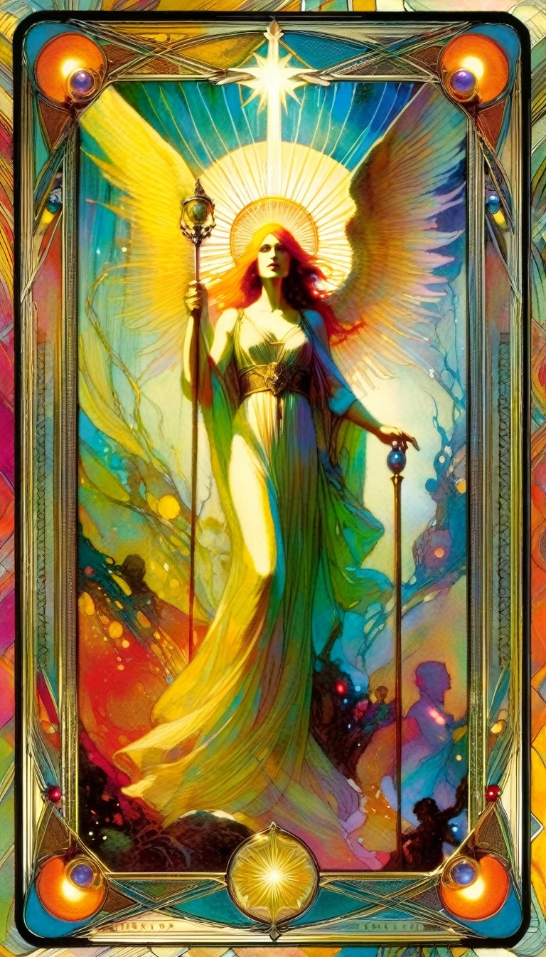 ((tarot card)) TEMPERANCE ((card frame)), work by Bill Sienkiewicz, vivid colors, intricate details, oil.