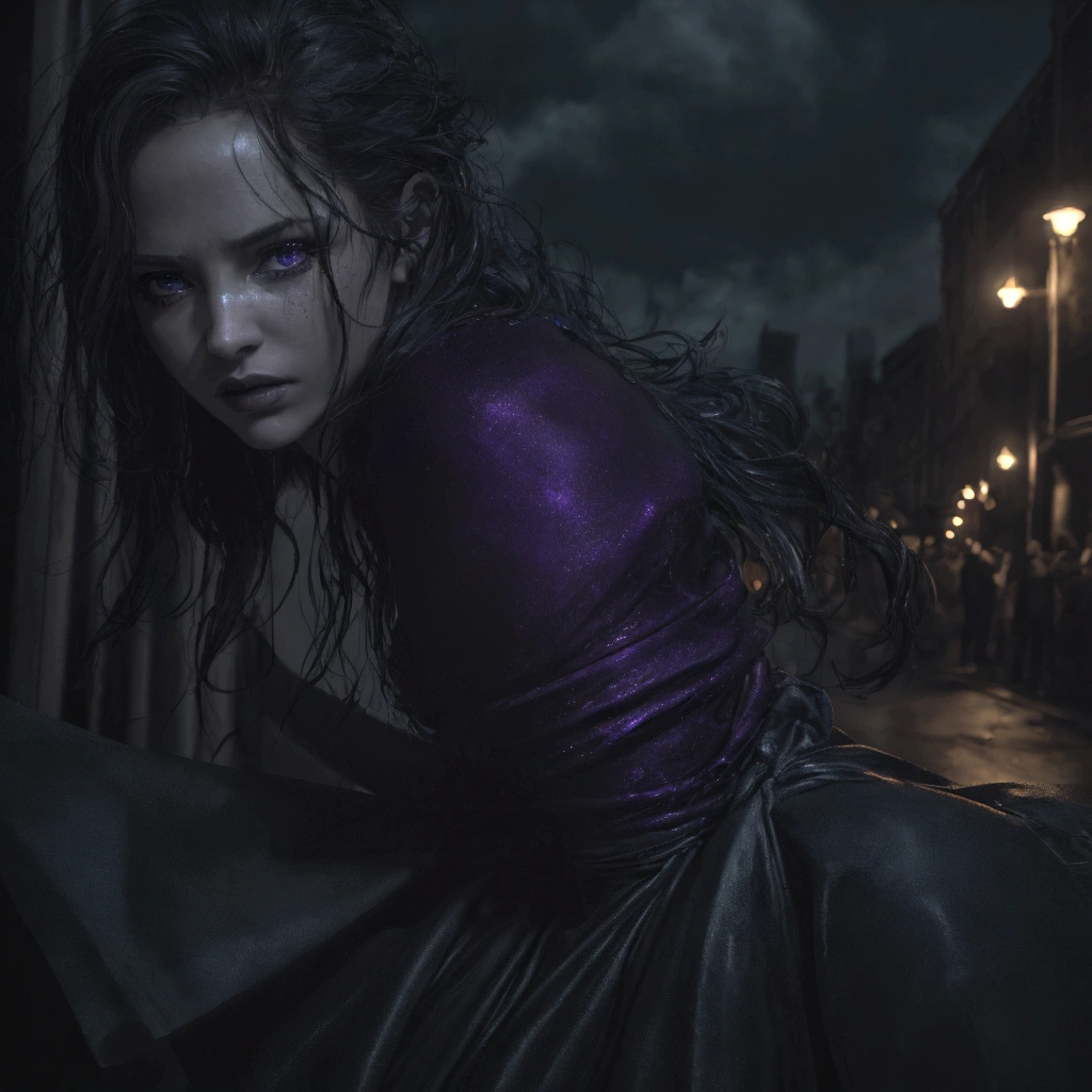 a dark and moody street scene, a girl dancing gracefully in the wind, detailed realistic portrait, beautiful detailed eyes, beautiful detailed lips, extremely detailed face and features, long eyelashes, windswept hair, elegant flowing dress, dramatic lighting, cinematic atmosphere, rich color palette, dramatic shadows, moody blue and purple tones, glowing street lamps, wet pavement reflecting light, sense of movement and energy, (best quality,8k,highres,masterpiece:1.2),ultra-detailed,(realistic,photorealistic,photo-realistic:1.37),cinematic,dramatic lighting,rich color palette,moody atmosphere