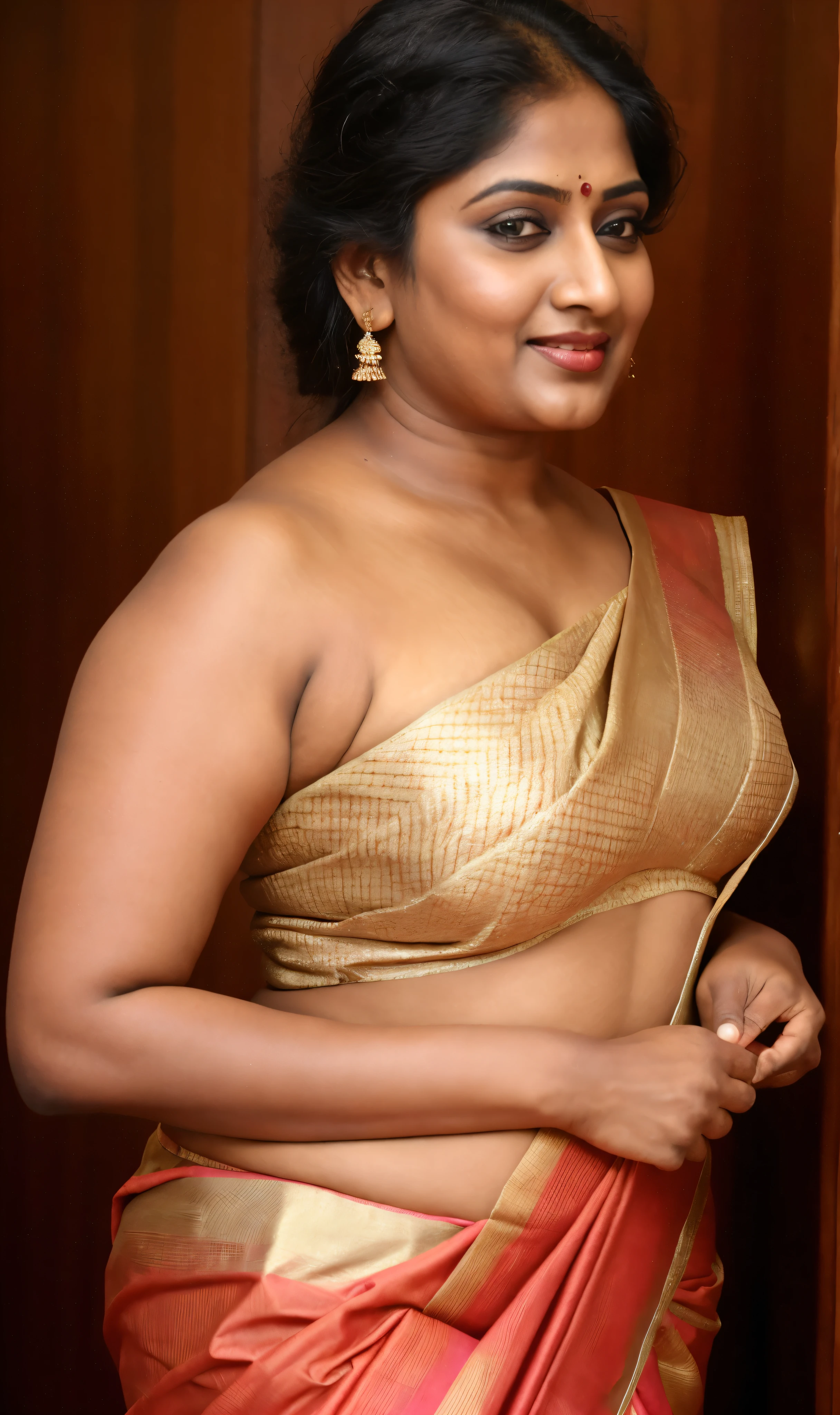 Photographic recreation shoot Inspired from art by mohanan manimala, extremely gorgeous, stunning beauty, thick beauty, best quality, modelshoot, profile photoshoot, mastershot, model photography, retouched, movie stills shoot, modelshoot Inspired by art of mohanan manimala, revealing clothes, her exposed charming figure, appealing physique, pale skin, Beautiful lady, extremely gorgeous woman, mallu traditional wear, party wear, summer party wear, designer saree, sexy woman, wedding wear, hot sleeveless blouse, sexy designer dress, designer blouse, braless, hot wear, spotless skin, designer sari, fashion saree, 40 years old, wearing palla, Indian traditional bandeau crop top bra, huge breast, milk tank, mallu woman, mallu actress, mallu aunty, mallu sari model, mallu actress, lusty, perfect thick body, fleshy figure, highly detailed, intricate, flawless, drooping figure, seductive expression, beautiful face, juicy figure, perfect face, perfect eyes, perfect fingers, round shaped face, curvy, skin texture, hot, small hairs on armpits, armpit crease, captivating, lusty, charming, attractive figure, mature woman, Kerala model, Kerala actress, nails can be hidden, queen of Lust, no armbands in her hand, skin pores, detailed armpits, heavy physique, heavy figure, Full figured woman, full figured Indian aunty, beautymarks, bulky figure, fleshy body, fleshy stomach, curvy, low waist saree, sexy bold saree look, strapless cotton Bra,
