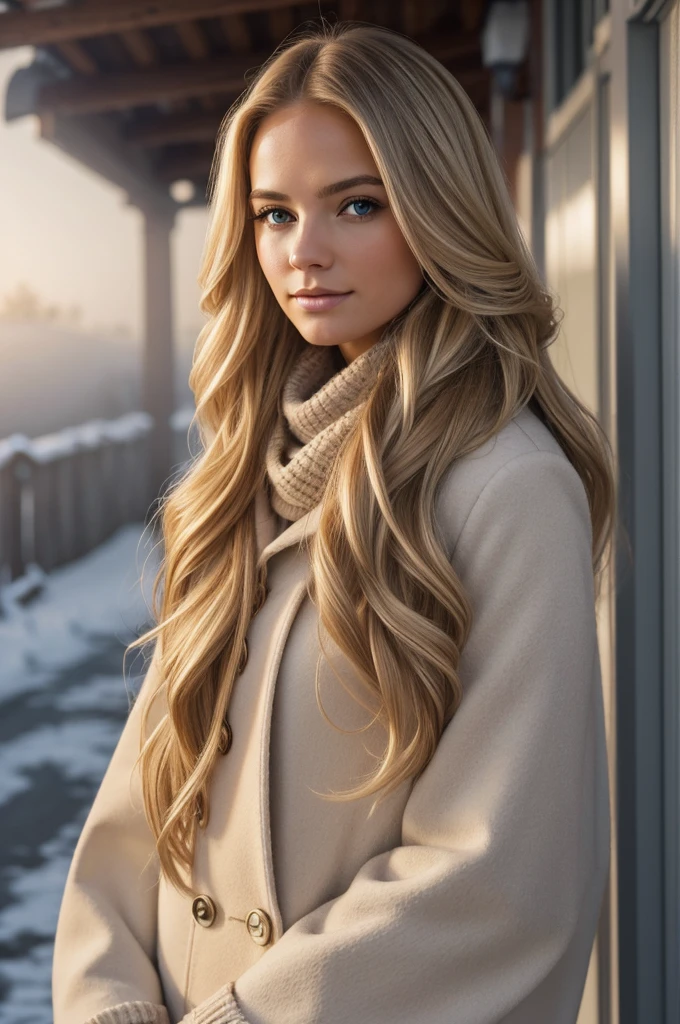 proFessional portrait photograph oF a gorgeous Norwegian girl in winter clothing with long wavy blonde hair, sultry Flirty look, gorgeous symmetrical Face, lindo maquillaje natural, wearing elegant warm winter Fashion clothing, ((parado afuera en una calle nevada de la ciudad)), impresionante entorno urbano moderno, ultra realista, arte conceptual, elegant, muy detallado, Intrincado, sharp Focus, depth oF Field, F/1. 8, 85mm, Tiro medio, plano medio, (((proFessionally color graded))), bright soFt diFFused light, (volumetric Fog), tendencia en instagram, hdr 4k, 8k