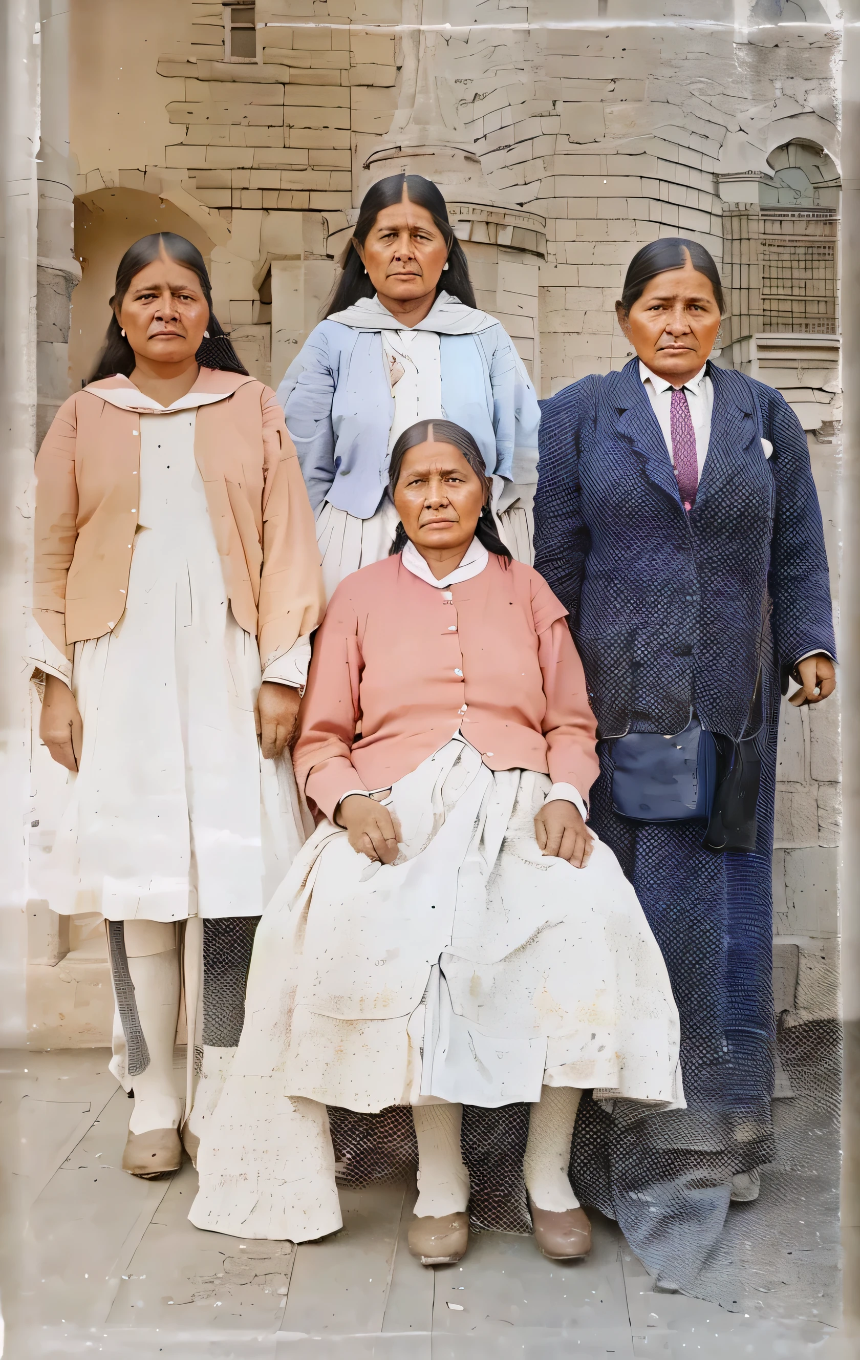 There is a group of people standing and sitting in front of a building, bolivian cholitas, restored photo, a colored photo, colored photo, photo taken in 2 0 2 0, old color photograph, colored photograph, color image, old color photo, taken in the early 2020s, restored color, very famous photo, colored 1 9 0 4 photo