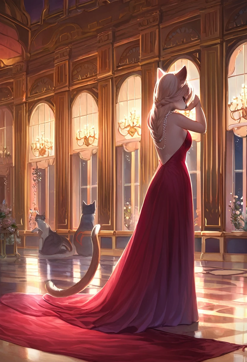 ((Masterpiece)), ((Best Quality)), (Very Detailed), ((Very Detailed)), 4K, (8K), very aesthetic, absurdres highres, 1 woman, anthropomorphic cat, furry, kemono, solo, In a luxurious palace ballroom, a woman in a red evening dress with an open back dances in the center of the dance floor, The mood is romantic and dreamy, and the dress sways with her movements , reflecting the light from the surrounding chandeliers, A pearl necklace hangs around the woman's neck, highlighting the velvet texture of her dress,