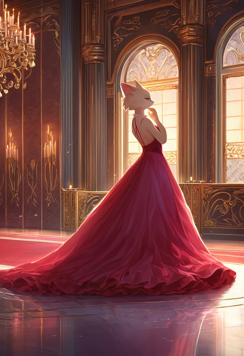 ((Masterpiece)), ((Best Quality)), (Very Detailed), ((Very Detailed)), 4K, (8K), very aesthetic, absurdres highres, 1 woman, anthropomorphic cat, furry, kemono, solo, In a luxurious palace ballroom, a woman in a red evening dress with an open back dances in the center of the dance floor, The mood is romantic and dreamy, and the dress sways with her movements , reflecting the light from the surrounding chandeliers, A pearl necklace hangs around the woman's neck, highlighting the velvet texture of her dress,
