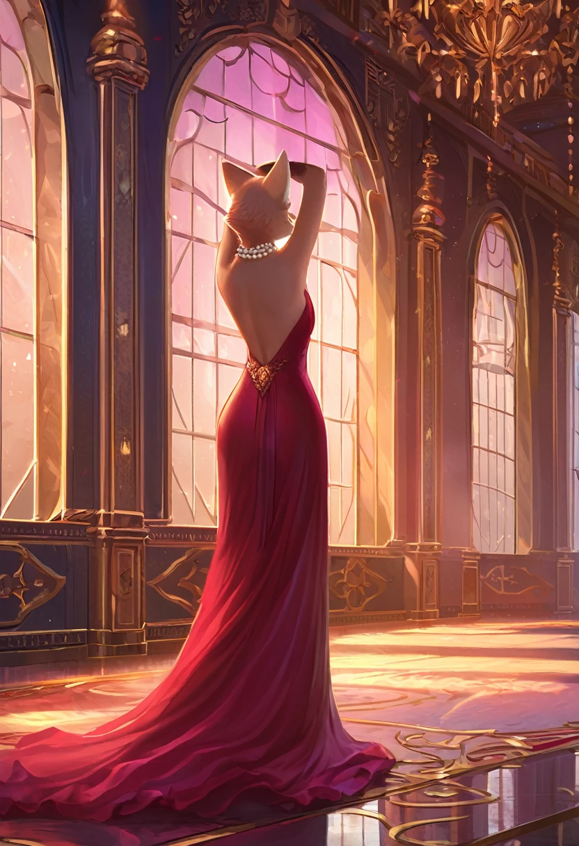 ((Masterpiece)), ((Best Quality)), (Very Detailed), ((Very Detailed)), 4K, (8K), very aesthetic, absurdres highres, 1 woman, anthropomorphic cat, furry, kemono, solo, In a luxurious palace ballroom, a woman in a red evening dress with an open back dances in the center of the dance floor, The mood is romantic and dreamy, and the dress sways with her movements , reflecting the light from the surrounding chandeliers, A pearl necklace hangs around the woman's neck, highlighting the velvet texture of her dress,