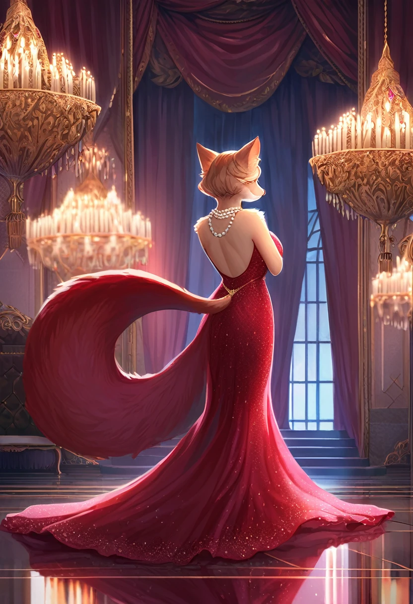 ((Masterpiece)), ((Best Quality)), (Very Detailed), ((Very Detailed)), 4K, (8K), very aesthetic, absurdres highres, 1 woman, anthropomorphic cat, furry, kemono, solo, In a luxurious palace ballroom, a woman in a red evening dress with an open back dances in the center of the dance floor, The mood is romantic and dreamy, and the dress sways with her movements , reflecting the light from the surrounding chandeliers, A pearl necklace hangs around the woman's neck, highlighting the velvet texture of her dress,