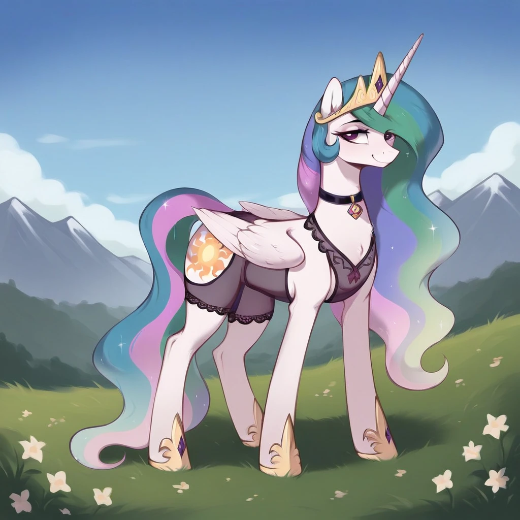 score_9, score_8_up, score_7_up, score_6_up, score_5_up, score_4_up, rating_explicit, outdoors, purple (see through lingerie and neck choker), solo, feral pony, princess  celestia, evil smile, closed mouth,BREAK mountain, day, sky, flower, mountainous horizon, blue sky, grass 