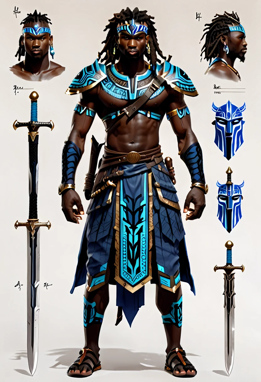 character reference sheet of a Black man with blue tribal african warrior clothes holding a sword, beat em up style, afrofuturism, ultra quality, higly detailed, african god of hunt