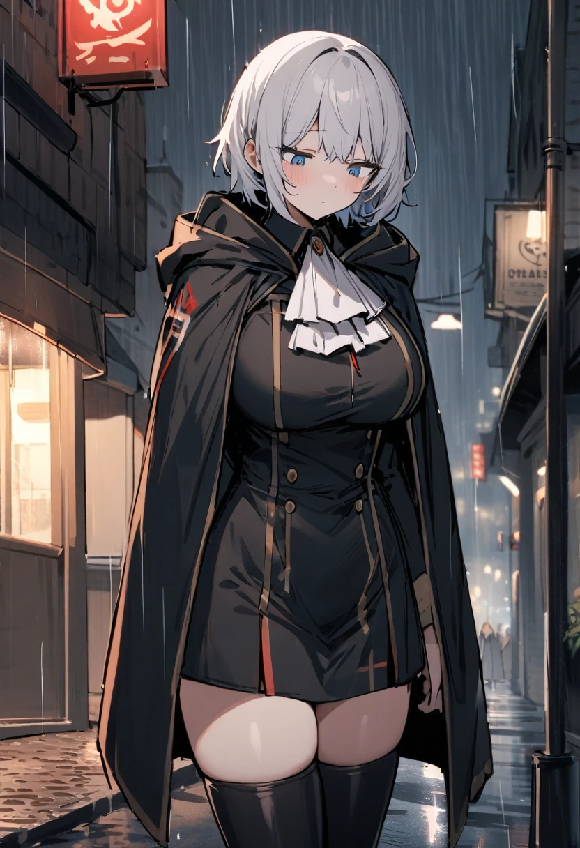 masterpiece, 1girl, solo, faust_(limbus_company), white hair, short hair, blue eyes, light blush, dull expression, expressionless, alternative costume ascot, cloak, hooded cloak, closed cloak, big breasts, thighhighs boots, standing, waiting, looking down, on the streets, raining, cowboy shot 