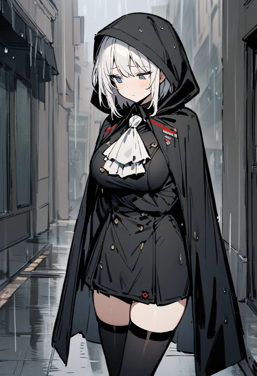 masterpiece, 1girl, solo, faust_(limbus_company), white hair, short hair, blue eyes, light blush, dull expression, expressionless, alternative costume ascot, cloak, hooded cloak, closed cloak, big breasts, thighhighs boots, standing, waiting, looking down, on the streets, raining, cowboy shot 