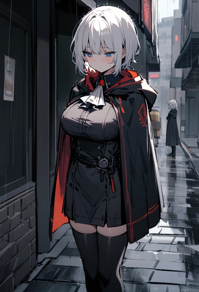 masterpiece, 1girl, solo, faust_(limbus_company), white hair, short hair, blue eyes, light blush, dull expression, expressionless, alternative costume ascot, cloak, hooded cloak, closed cloak, big breasts, thighhighs boots, standing, waiting, looking down, on the streets, raining, cowboy shot 